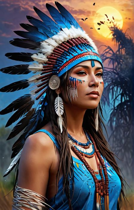 Christophe Young style; award winning full body portrait of a beautiful native american woman with head a native american headdress,paint splashes,hair blowing in the wind,flower petals,willow tree in background,outrun,digital art,trending on artstation,highly detailed,fine detail,intricate,blue light,colorful,sunset celestial,fog atmosphere