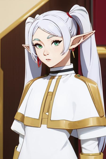 frieren, 1girl, earrings, elf, long hair, pointy ears, solo, twintails, green eyes, earrings, white hair, looking at viewer,