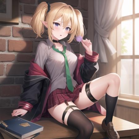 (masterpiece, best quality:1.2),illustration,8k,hd,1girl,solo,st. theresa's girls academy school uniform,pointy ears,twintails,elf,blonde hair,necktie,black coat,grey shirt,purple eyes,choker,wrist scrunchie,scrunchie,pleated skirt,black choker,red skirt,green necktie,open clothes,hair between eyes,socks,thigh strap,loafers,<lora:Chole-V1:0.6>,