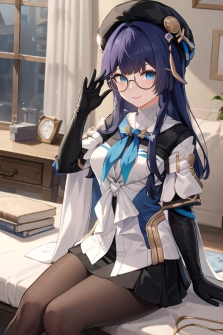 ((masterpiece, best quality)), very detailed,1girl,smile,sitting,indoors,medium breasts,bow breasts, beret, pela, honkai star rail, black_gloves, black_headwear, black_legwear, blue_eyes, dress, glasses, gloves, hat, long_hair, looking_at_viewer, pantyhose, red-framed_eyewear, semi-rimless_eyewear, solo, under-rim_eyewear <lora:pela-15:0.7>