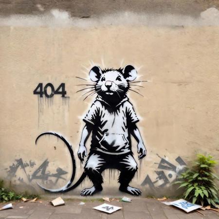 Banksy Style - banksy stencil of a 404 error, text "404", rat, thought-provoking graffiti street art, hyper detailed, natural lighting, studio quality, film grain, UHD, DSLR, sharp focus, 8k high definition, UHD ,DSLR, professional film photography, trending on Artstation, professional photo, insanely detailed, intricate details, masterpiece