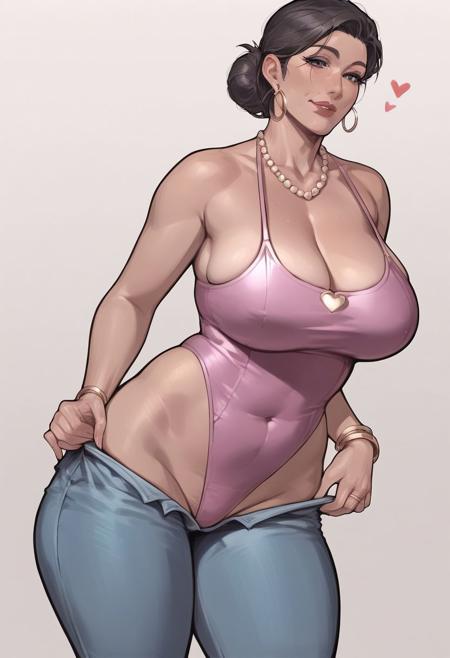 score_9, score_8_up, score_8, solo, mature female, milf, pulling jeans off, leotard, hearts