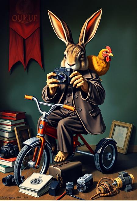 Soviet poster. An anthropomorphic evil rabbit in a ragged suit sat on a children's tricycle, pointing a vintage Hasselblad camera at the viewer. On his shoulder is a chicken. The rabbit's head is disproportionately big for the body. The rabbit's fur is matted and rough. Its eyes are scary. The rabbit, chicken and the camera are all pointing forward to the viewer. On the floor are vintage cameras, books, picture frames and paintbrushes.