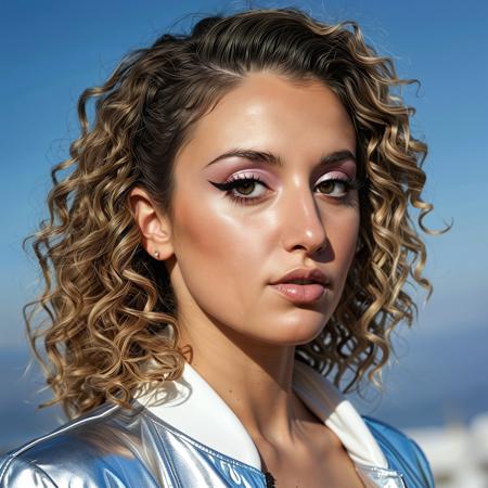 a close up  analogue photo of a beautiful age 25 Greek woman, ((dark eyes)), olive skin, (Greek nose) oval face, curly hair, <lora:Greek_contemporary_Goddess-000006:0.8>,wearing Synthpop: Metallic silver bomber jacket, pastel pink mini skirt, holographic white boots with silver accents, pastel blue eyeshadow, glossy lips, and slicked-back hair.,,clear focus, high resolution image, photo Fantasy art combining the styles of Boris Vellejo and Luis Royo,Photorealistic, real photo, god rays, 1girl, 21yo,realistic, ,Sexy pose, erotic pose, exhibitionism, ,Winter wonderland