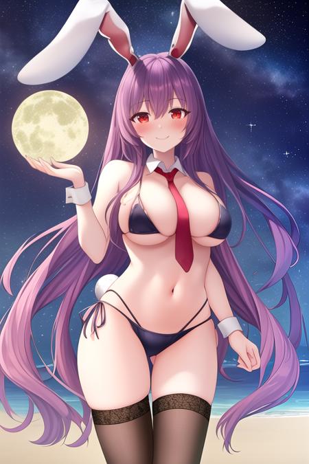 masterpiece, best quality, highres, solo, {night:1.10}, {starry sky:1.10}, beach, beautiful detailed sky, {extremely detailed background:1.20}, {reisen_udongein_inaba_touhou:1.10}, {standing:1.10}, looking at viewer, {bikini:1.30}, animal_ears, long_hair, rabbit_ears, purple_hair, red_eyes, very_long_hair, necktie, red_necktie, bangs, breasts, blush, smile, light smile