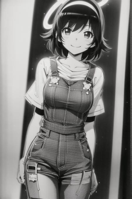 takahara ayumi, hairband, short hair, large breasts, wide hips, smile, t-shirt, overalls, halo, graphite \(medium\), monochrome, <lora:Takahara Ayumi V2:0.6>