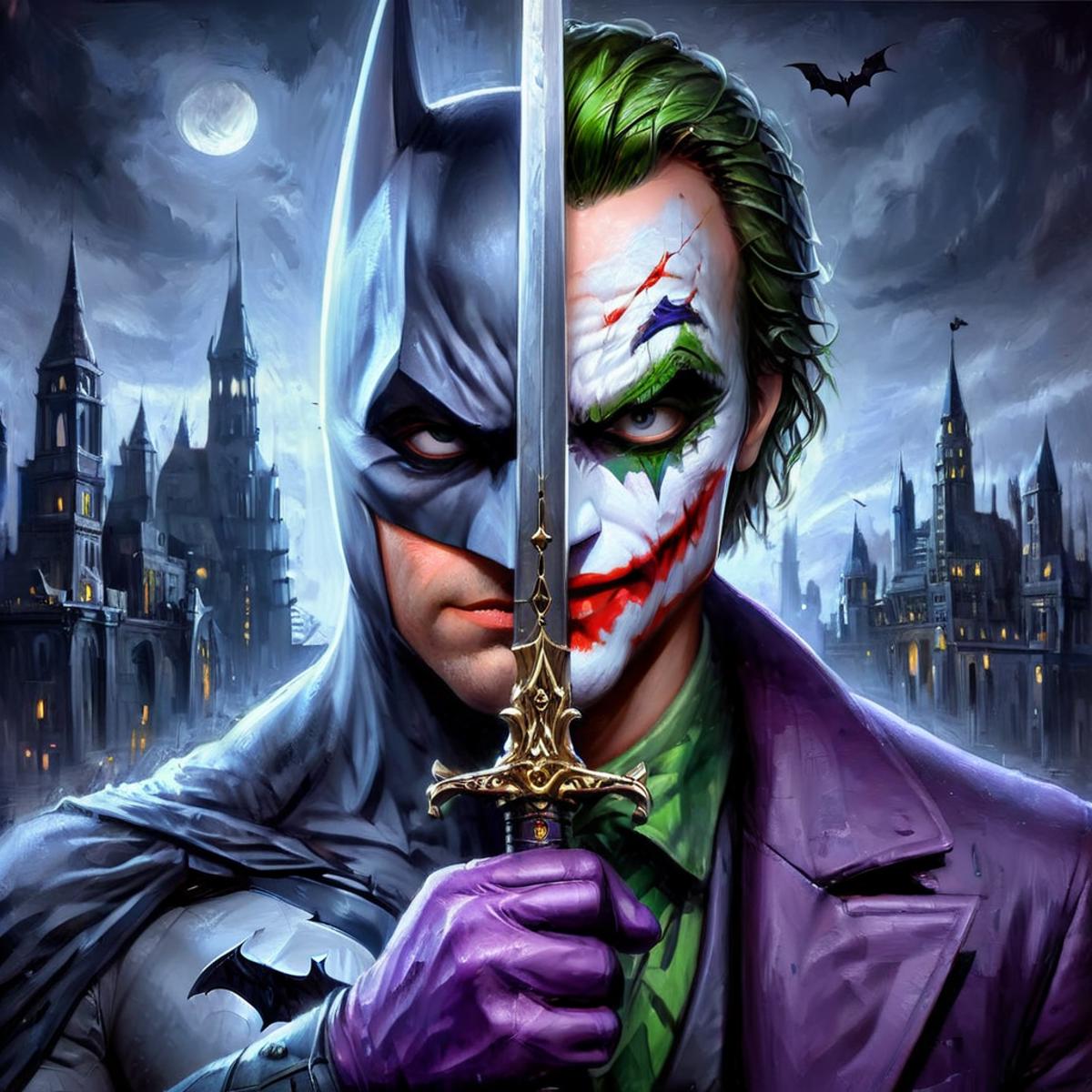 A Batman and Joker painting with a sword.