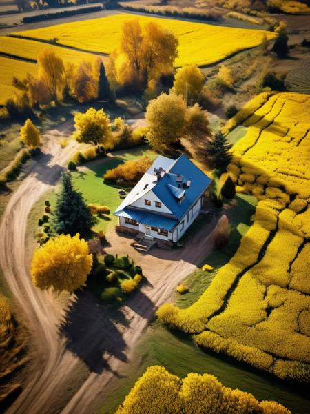 masterpiece, best qualtiy, outdoors, sky, day, cloud, tree, blue_sky, no_humans, cloudy_sky, grass, building, nature, scenery, road, field, house