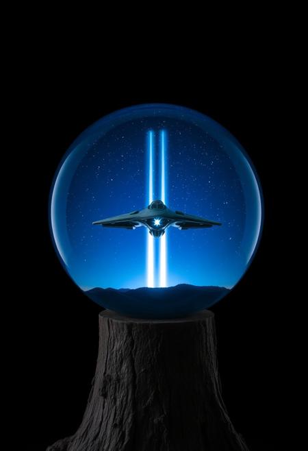Against a dark background, on a very, very low stump, stood a crystal ball. Inside the crystal ball was a deep blue expanse of the night sky dotted with starlight. An alien craft was parked in the sky, and two columns of light were shining forward.
