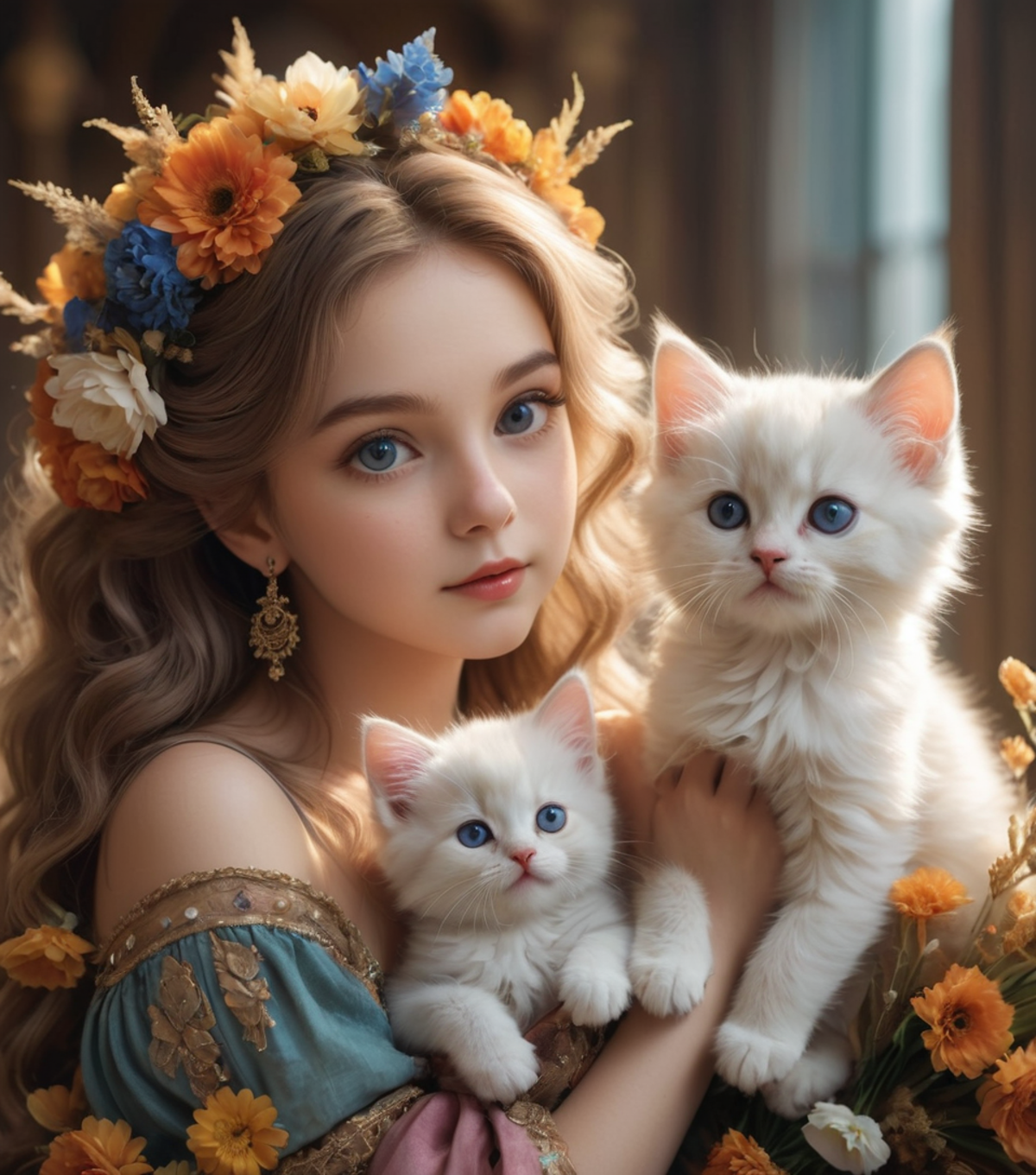 enormous Renaissance bouquet of cutest fluffy kittens, cute girl, flowing, intricate, elegant, highly detailed, wonderful ...