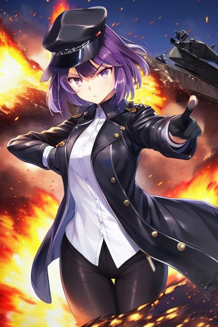 <lora:risa-000034:1>, best quality, masterpiece, risa majime, 1girl, purple eyes, purple hair, short hair, leather coat, mititary hat, leather gloves, white shirt, pointing at viewer, frown, explosion at background, fire, aircraft, armored vehicle, tank, rocket