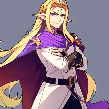 (masterpiece, top quality, best quality, beautiful, and aesthetic:1.2) leonida5, purple cape, 1boy, male focus, weapon, sword, cape, solo, armor, crossed arms, smile, looking at viewer, belt, simple background, forehead jewel, crown, white background, gauntlets, transparent background, pointy ears, shoulder armor, blue eyes, sheathed, sheath, gloves, pants, tiara, circlet, pauldrons, closed mouth, red cape <lora:leonida5-000009:.8>