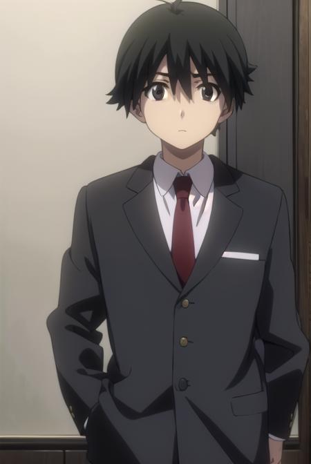 makotoitou, <lora:makoto itou s1-lora-nochekaiser:1>,
makoto itou, black hair, (black eyes:1.5), short hair,
BREAK school uniform, necktie, formal, suit,
BREAK indoors, classroom,
BREAK looking at viewer, (cowboy shot:1.5),
BREAK <lyco:GoodHands-beta2:1>, (masterpiece:1.2), best quality, high resolution, unity 8k wallpaper, (illustration:0.8), (beautiful detailed eyes:1.6), extremely detailed face, perfect lighting, extremely detailed CG, (perfect hands, perfect anatomy),