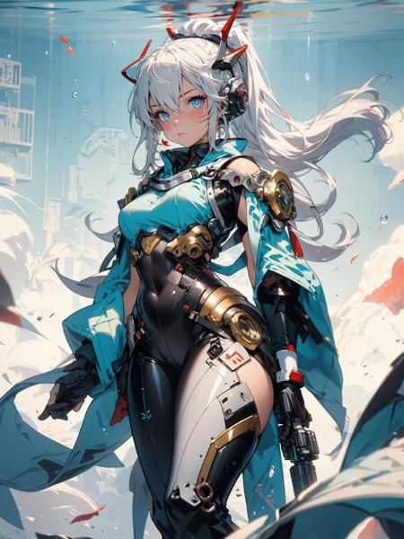 1girl,solo,long hair,breasts,looking at viewer,ponytail,red horns,(Chinese wind:1.2),blue eyes,gloves,white hair,covered navel,fingerless gloves,bangs,weapon,bodysuit,medium breasts,gun,closed mouth,long sleeves,hair ornament,black gloves,headgear,halo,thighs,android,clothing cutout,blush,(Under the water:1.4),(Bubble:1.2),mechanical arm,Mecha,<lora:MG_jijia:0.8>,