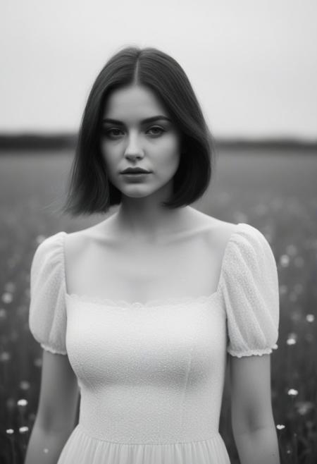 A grayscale, vintage-style portrait of a woman.  The subject, positioned slightly to the left of center, is a young adult woman with a fair complexion.  Her expression is indistinct and melancholic, her face largely obscured by a blurred, ethereal quality. The woman is wearing a simple, light-colored, likely white dress with puffed sleeves. Her body posture is straight and still, appearing as if she's standing in front of a field of small white flowers.  The background is completely out-of-focus, consisting of numerous small, light gray, circular shapes that resemble air bubbles or water droplets. The flowers are slightly visible in the background, and appear to be somewhat blurred in the mid-ground, and are a very pale gray. The image has a very soft focus, and an overall ethereal and nostalgic feel. The light source is subtle and diffused, enhancing the overall monochromatic and artistic mood of the photograph.  The composition is intentionally ambiguous, creating a sense of mystery and quiet contemplation. The perspective is slightly from above, creating a sense of intimacy and a feeling of being inside the image. The image's style is reminiscent of vintage photography or a surrealist mood. The overall atmosphere is wistful, serene, and suggestive of a timeless scene.