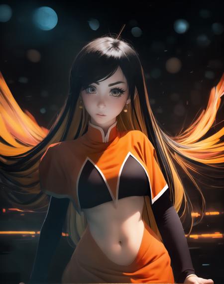 monerochan, 1girl, a photo of a cute norwegian girl, floating hair, galaxy stars, nordic girl, [orange skirt|pencil skirt], colored inner hair, orange capelet, dark crop top, large breasts,  sleeves, (orange long hair:1.2), navel, midriff, thighhighs, dynamic pose, orange eyes, letter m, round stud earrings, cosplay, , 
<lora:monerochan:1>, masterpiece, best quality, to8contrast style, <lora:theovercomer8sContrastFix_sd15:1>