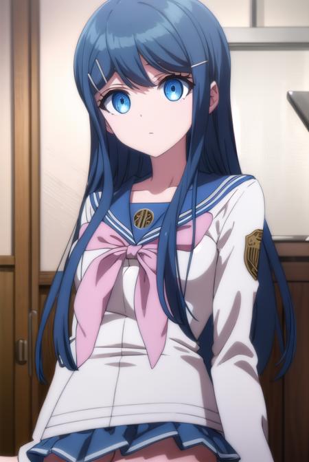 sayakamaizono, <lora:sayaka maizono s1-lora-nochekaiser:1>,
sayaka maizono, long hair, bangs, blue eyes, hair ornament, blue hair, hairclip,
BREAK long sleeves, bow, school uniform, collarbone, serafuku, bowtie, sailor collar, pink bow,
BREAK indoors, classroom,
BREAK looking at viewer, (cowboy shot:1.5),
BREAK <lyco:GoodHands-beta2:1>, (masterpiece:1.2), best quality, high resolution, unity 8k wallpaper, (illustration:0.8), (beautiful detailed eyes:1.6), extremely detailed face, perfect lighting, extremely detailed CG, (perfect hands, perfect anatomy),