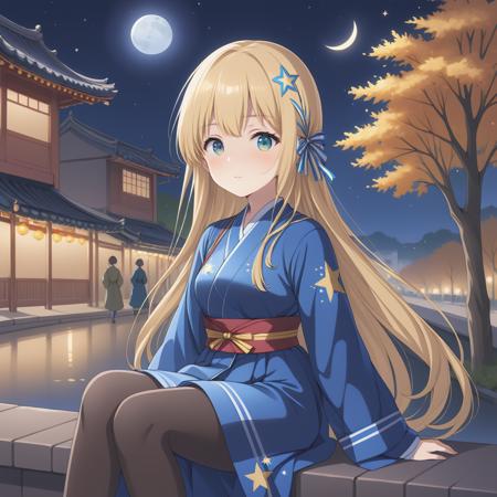 ichinoserei2,1girl,  <lora:icre2:0.6>ultra-detailed,(best quality),((masterpiece)),(highres),original,extremely detailed 8K wallpaper,(an extremely delicate and beautiful),((detailed face)),beautiful detail eyes,sit,
anime,suga,torino,chinese clothes,autumn,night,a busy street,starry sky,shooting star,moon,depth of field, (ribbon:0.8)