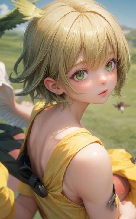 From Point of View,Upper Body,BirdÃ¢ÂÂs Eye View,short_hair,yellow_shorts,green_eyes,