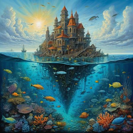 Based on painting called "Find" by Tomasz Setowski. Paint a city in the middle of the sea where part is underwater and part over the water. Fantasy, surreal. (Use Dream Diffusion Secret Prompt). vibrant, award-winning, professional, highly detailed