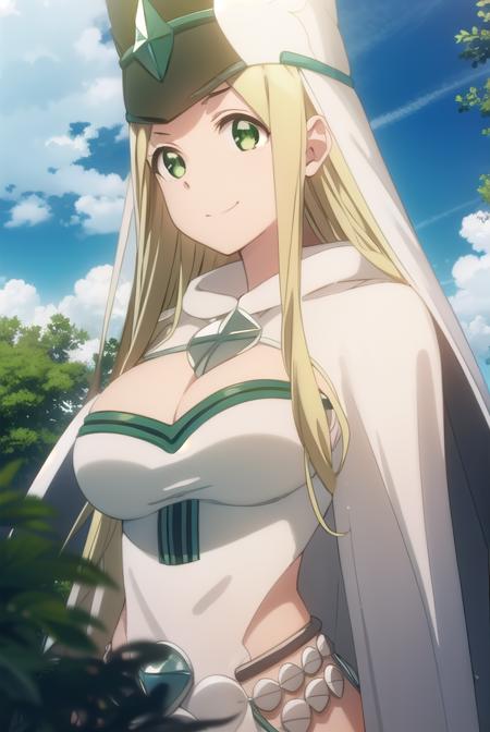 bofurimisery, <lora:bofuri misery s2-lora-nochekaiser:1>,
misery, long hair, blonde hair, (green eyes:1.5), smile,
BREAK hat, cleavage, cape, white cape, dress, white dress, long sleeves,
BREAK outdoors, forest, nature, sky, sun, clouds,
BREAK looking at viewer,
BREAK <lyco:GoodHands-beta2:1>, (masterpiece:1.2), best quality, high resolution, unity 8k wallpaper, (illustration:0.8), (beautiful detailed eyes:1.6), extremely detailed face, perfect lighting, extremely detailed CG, (perfect hands, perfect anatomy),