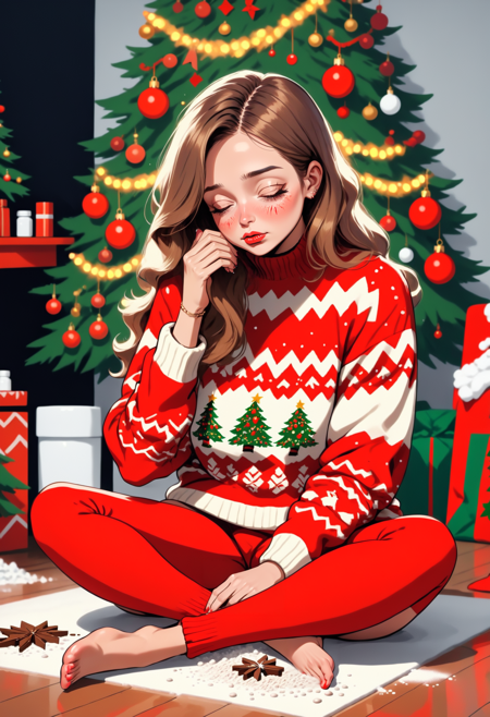 a young woman wearing an ugly sweater and sitting on a floor near christmas tree snorting cocaine,  drugcore,  in the style of light red and dark brown,  romantic motifs,  ferrania p30,  princesscore,  bold colors,  strong lines,  feminine body,  milleniwave,  holidayxl style, <lora:HolidaysIdidalittlebiteXL:0.8>