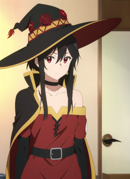 kyoukai no kanata <lora:kyoukai_no_kanata_offset:1>, masterpiece, best quality, megumin, 1girl, bare shoulders, black cape, black gloves, black hair, cape, choker, collarbone, dress, hair between eyes, hat, long sleeves, looking at viewer, medium hair, off-shoulder dress, off shoulder, red dress, red eyes, sidelocks, solo, witch hat, indoors,