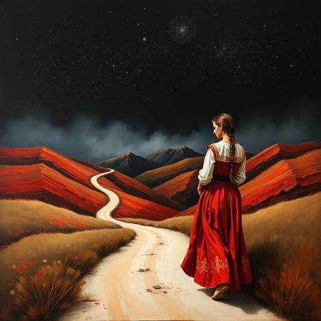 pitch black background, oil on porcellain painting, very scarced yet fat brush, dominating red and gold brush, a pale road snakes between hills, pale road fades into infinity, a countess in a red ethnical dress and white blouse goes down the road, braids, countess looks down, thinking, black creeping fog covers hills, pitch black heavens, no sun, no moon, only stars