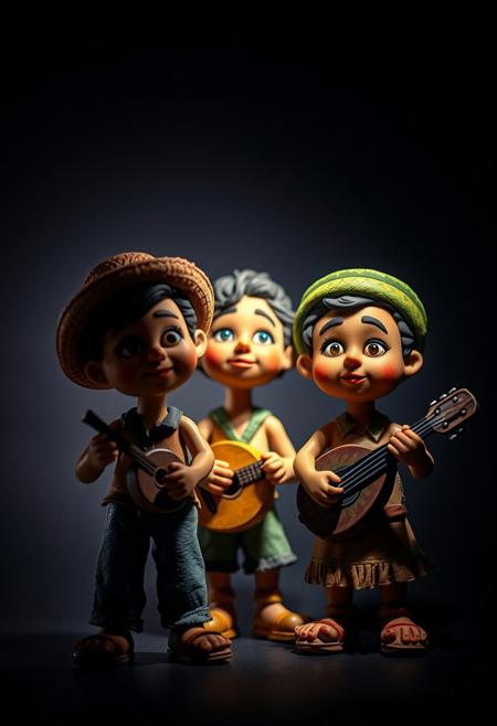 Intense dramatic lighting highlights three adorable clay sculptures of Brazilian musicians.  High contrast emphasizes charming features, expressive painted eyes, and intricate details in their attire.