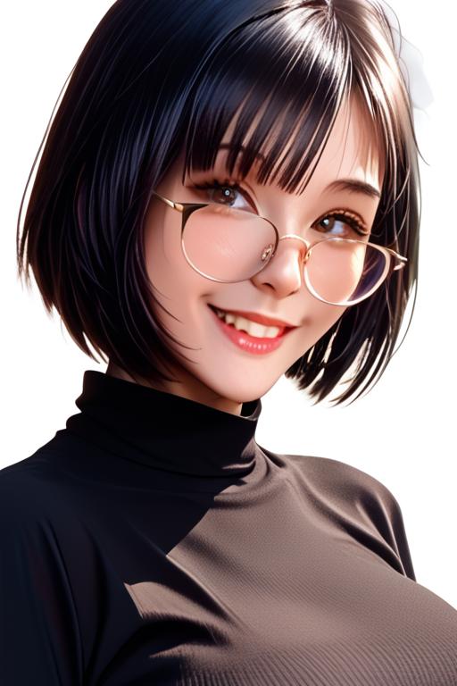 score_9, score_8_up, score_7_up, white background <lora:Larissa_XL:1> 1girl, short hair, black hair, large breasts, glasses, smile,