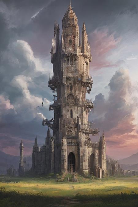 medieval fantasy tower spiraling towards the sky,  daylight sun touches the landscape, colorful sky