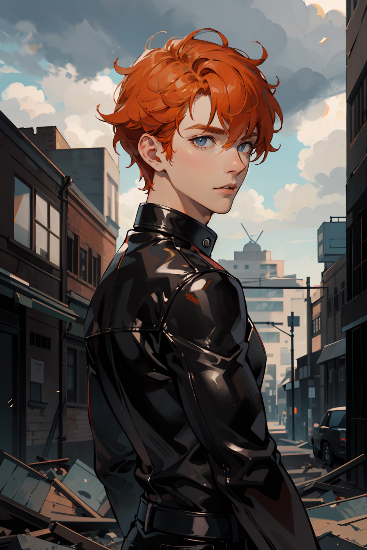 masterpiece, best quality, 1 male, adult, tall muscular, handsome, finely detailed eyes, intricate details, orange hair, o...