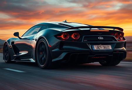 “A high-performance sports car seen from the back, exuding power and speed. The sleek design features aggressive aerodynamics, wide tires, and distinctive tail lights. The license plate boldly reads ‘I BRAKE ONLY FOR BUZZ.’ The car is in motion on an open highway at dusk, with motion blur enhancing the sense of speed. The exhaust emits a faint glow, hinting at raw horsepower. The background showcases a dramatic sky with deep oranges and purples, adding to the cinematic feel. Ultra-realistic reflections on the car’s glossy surface and intense lighting make the scene striking and dynamic.”