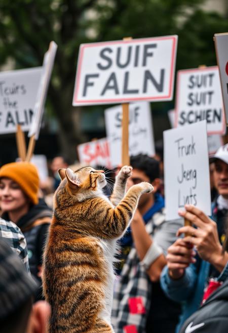cat fighting against a crowd holding signs