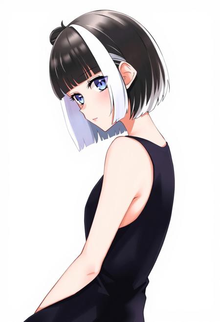 1girl, solo, breasts, looking at viewer, short hair, black hair, dress, closed mouth, medium breasts, upper body, white hair, multicolored hair, sleeveless, blunt bangs, hair bun, black dress, two-tone hair, streaked hair, from side, lips, makeup, bob cut, single hair bun, nose