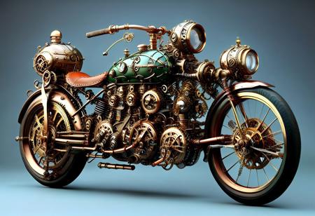 Photorealistic of a steampunk-inspired Chopper motorcycle designed for a Victorian-era explorer. The Chopper motorcycle should feature brass gears, leather accents, and intricate clockwork mechanisms, unique additions like a built-in compass, a small steam engine, and expandable storage compartments.”