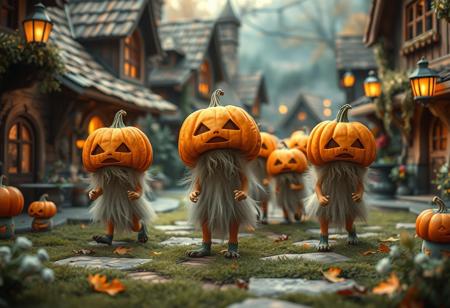 A parade of little pumpkin-headed creatures cavorting through a quaint fantasy village, cozy lighting, autumnal feeling, high definition, clear focus, best quality
