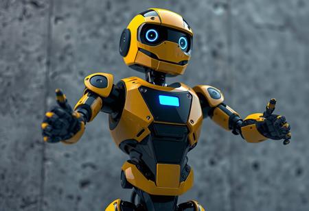 An award-winning, hyperrealistic 4K close-up photograph of a toy robot, meticulously rendered with Octane Render and Unreal Engine 5. The main subject, a yellow and black robot with a vibrant blue stripe on its chest, is presented with lifelike details and a handcrafted precision. Its head is subtly tilted left, showcasing beautiful detailed eyes (interpreted as sensors), and its arms are outstretched in a dynamic action pose, conveying a proactive expression and a certain 'sexy look' through sleek design. The texture of its metallic casing reflects the highest quality, with sharp lines and subtle brush strokes (digital texture strokes). The background is a stark, gray concrete wall, rendered as a beautiful matte painting, providing a dramatic contrast. Captivating lighting creates vivid emotions and a joyful impact. The impeccable composition, utilizing a creative angle and balanced editing, emphasizes intentional focus on the robot. Multi-colored, harmonious, complementing colors define its contemporary aesthetics. Trending on ArtstationHQ and CGSociety, this overdetailed digital art piece, conceived as concept art, achieves the most beautiful image ever created, embodying subtle details and a powerful message. Golden Ratio. Well-timed moment. Beautiful scenery (abstracted from concrete).
