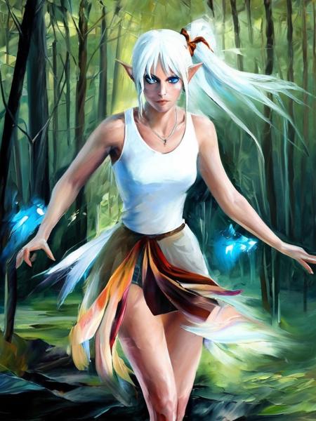 chiaroscuro,masterpiece,35 years old girl,bob cut, white hair,long twin tails,blue eyes,big elf ears,long elf ears,dead eyes,eyes in shade,light in pupils,detailed eyes,murderous stare,smirk,thick brows, wide face,skinny, flat chest, small breasts, muscular thighs, barefoot,(defined abs:0.8), muscular arms
BREAK  white tank top,white mini skirt
BREAK (fullbody:1.4), sun particles in air,
BREAK (standing:1.4),
BREAK outdoors, forest,spiders
BREAK dream,dreamy,surreal
BREAK  contrast, light from left,dark, sharp focus, five fingers, full body
BREAK traditional media,oil painting
<lora:afremov_v1:1>