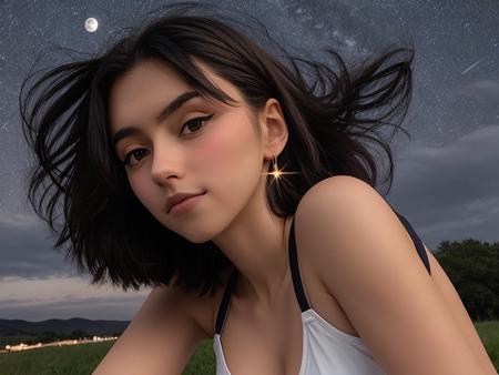 <lora:Dora (Mentaldora) v1.3:0.7>, a skinny girl, soft light, (natural skin texture:1.2), (hyperrealism:1.2), sharp focus, focused, night sky, moon and stars, real life photo, 8k uhd, dslr, soft lighting, high quality, film grain, Fujifilm XT3