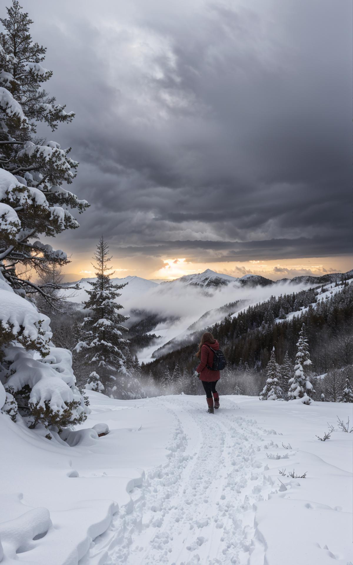 A woman hiking in snowy mountains with a backpack on.