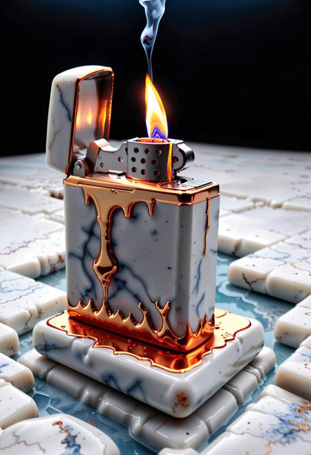 Liquid Marble floor, detailed, ultrarealistic, Liquid Marble opened zippo lighter that is lit up, dripping gold linings, 
