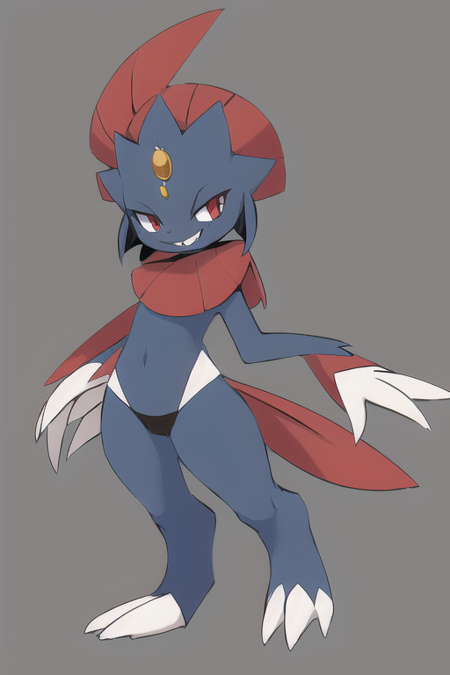 Weavile, bluish fur, orange gem, red eyes, smiling, cute, sexy, full body