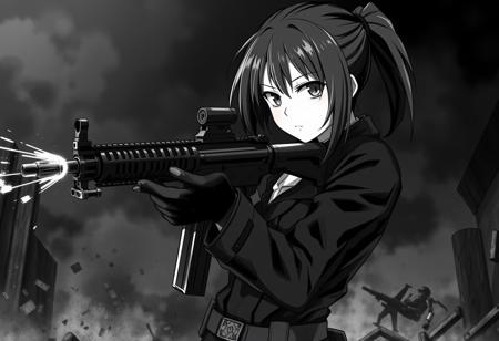 Hyperrealistic black and white image in a gritty, real-world style of a serious and intense anime girl. She is not cute but rather hardened, wearing a tactical black suit. The suit is slightly worn, suggesting battle experience. She is holding and aiming an assault rifle with precision, as if she’s locked onto a target. The rifle is sleek, with subtle signs of wear and tear, adding to the realism. There are sparks and muzzle flashes as she fires at an unseen enemy, with spent shells ejecting from the rifle. Her expression is cold and focused, with a slight hint of determination. The background is dark and blurred, hinting at a chaotic battlefield with smoke and debris, adding to the tense and dramatic atmosphere. The overall tone is intense, with sharp contrasts and detailed shading, capturing a moment of fierce combat.
