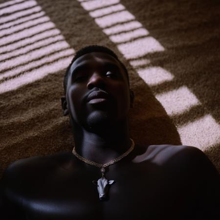 cinematic film still of  <lora:casting shadow style v2:1>
From above,A cucoloris patterned illumination casting a vertical ceiling shadow on a man laying on the ground next to a cow,solo,looking at viewer,1boy,jewelry,male focus,lying,on back,necklace,blurry,cat,realistic,cinematic,film,filmic,casting shadow,venetian blinds casting shadow light,shadow on face,face partially covered in shadow,different shadow,window casting shadow light,cinematography,detailed,detailed background,detailed face,high quality,8k,cuculoris,kookaloris,cookaloris or cucalorus,light modifier,different light pattern,creative light,unique shadow , casting shadow style, shallow depth of field, vignette, highly detailed, high budget, bokeh, cinemascope, moody, epic, gorgeous, film grain, grainy