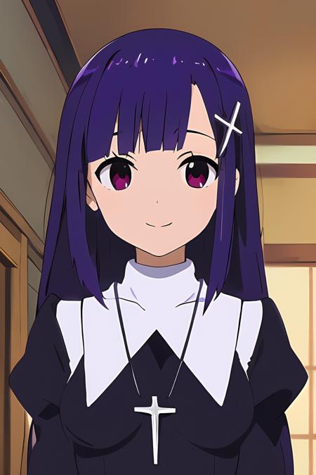 masterpiece, best quality, 1girl, detailed face and eyes, indoors, upper body, face focus, smile,
<lora:zange_kannagi-v4:0.8>, zange \(kannagi\), purple hair, cross hair ornament, zange clothes, black dress, cross_necklace, long sleeves,