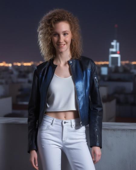 (JudithHoagTMNTApril:1.1), a high resolution RAW photo of a young beautiful JudithHoagTMNTApril woman with long curly red hair, cyberpunk hairstyle, wearing a cyberpunk style black leather jacket and white shirt and blue jeans, sexy standing pose, on a futuristic cyberpunk city rooftop at night, cyberpunk city with neon lights and futuristic buildings, smiling and looking at the viewer, (thin torso, slender, flat chest, smallest breasts, slender build), sexy portrait, photorealism, photorealistic, <lora:JudithHoag_90s_TMNT_April_ONeil_SDXL:1>