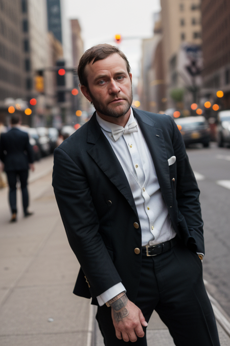 UlyssesSGrant, photography by (Rodney Smith:1.3), ((upper body focus, shoulders)), modelshoot, pose, (business suit, black jacket, white shirt, open collar, facing viewer, busy Manhattan sidewalk, looking at viewer, blurry background, bokeh, ID photo:1.3), serious look