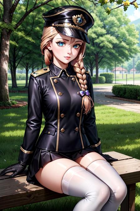 katsmir, 1girl, solo, braid, single braid, long hair,  green eyes,  blonde hair, hair over shoulder, looking away , outdoors, <lora:katsmir-15:0.5>
 aiguillette black_coat black_footwear black_gloves black_headwear black_thighhighs braid breasts clock coat coat_on_shoulders epaulettes gloves   hat knee_up long_hair looking_at_viewer medium_breasts military military_hat military_uniform miniskirt open_clothes open_coat peaked_cap pleated_skirt  sitting skirt solo thighhighs uniform white_skirt zettai_ryouiki