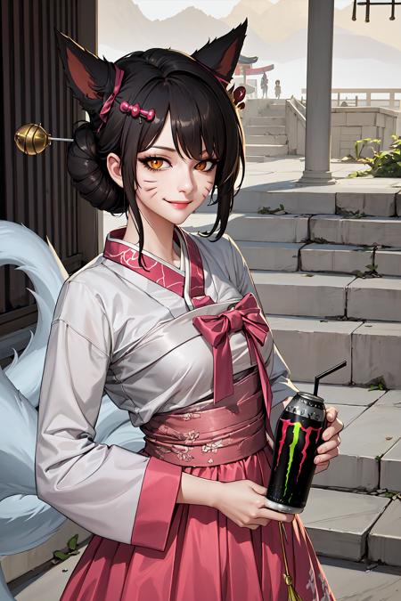 masterpiece, best quality, IncrsAhriDynasty, facial mark, fox tail, multiple tails, korean clothes, hair bun, (hair stick:1.1), hanbok, hair ribbon, <lora:AhriDynasty:0.8>, HoldingMonsterEnergy, <lora:Pos_HoldingMonsterEnergy:0.6>, smirk, holding,